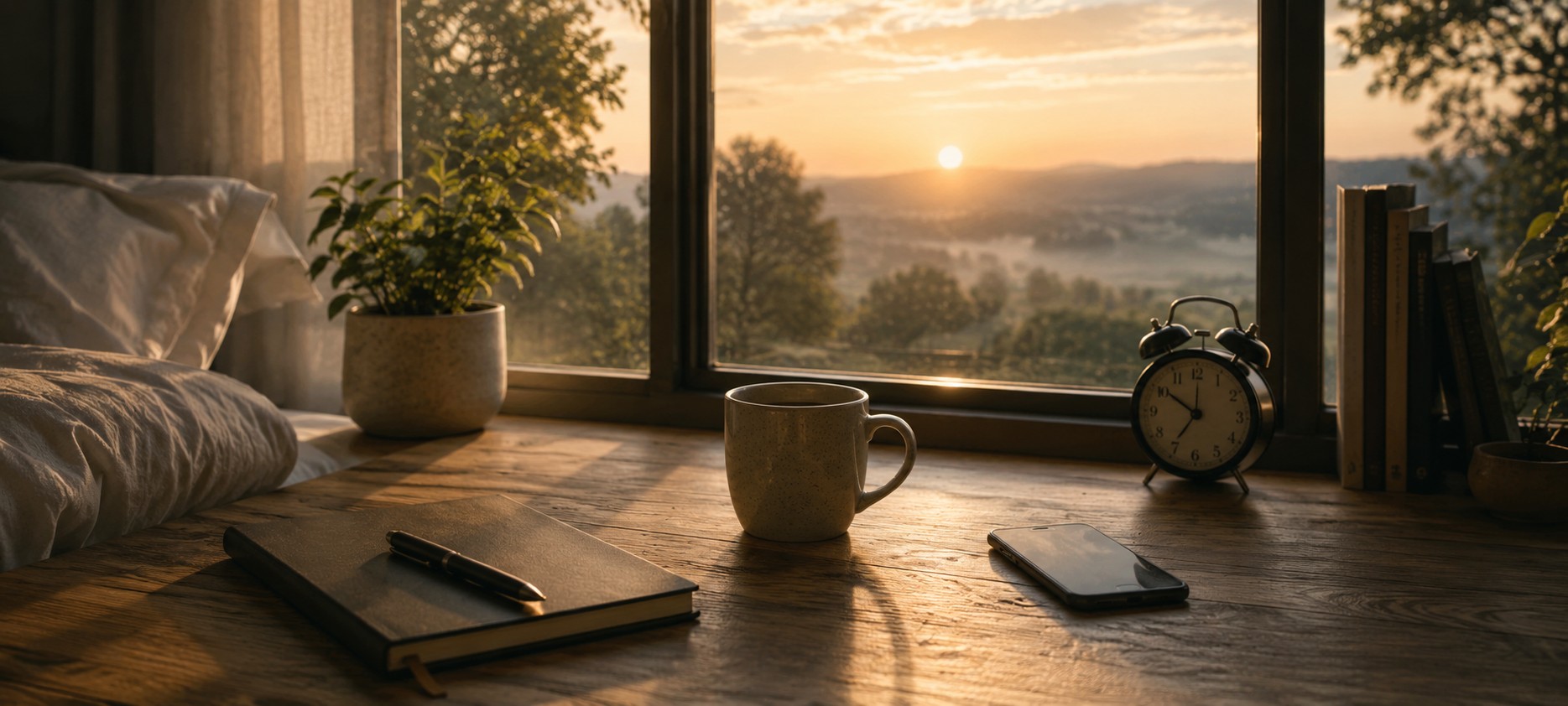Peaceful sunrise morning routine with journal, coffee, and quiet workspace before checking notifications