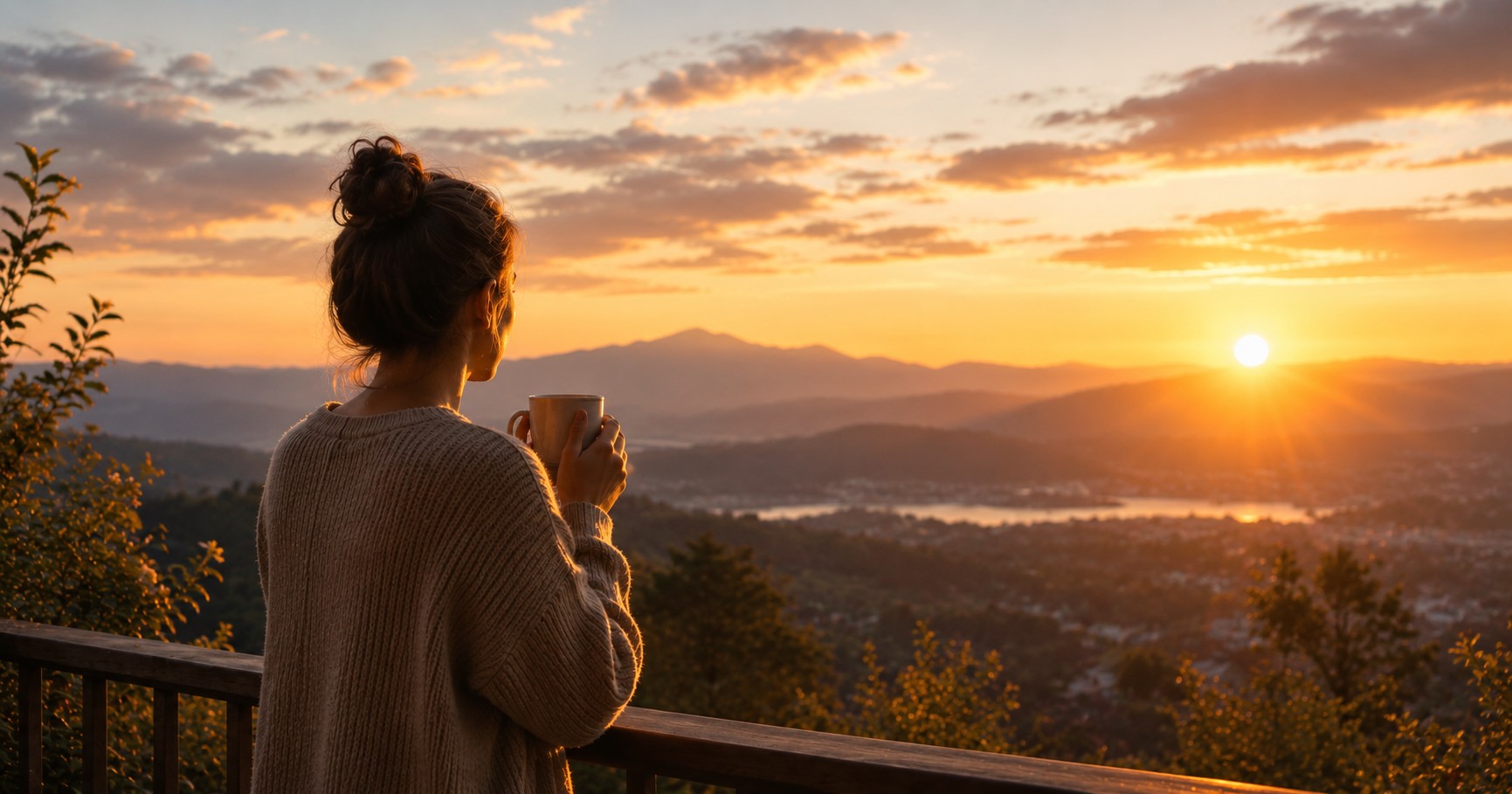 A person in a cozy sweater stands on a balcony at golden hour, holding a warm mug while quietly watching the sunset over a peaceful valley, capturing a moment of gratitude and reflection.