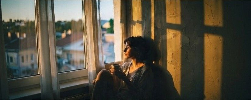 Person reflecting in morning light practicing positive morning mindset