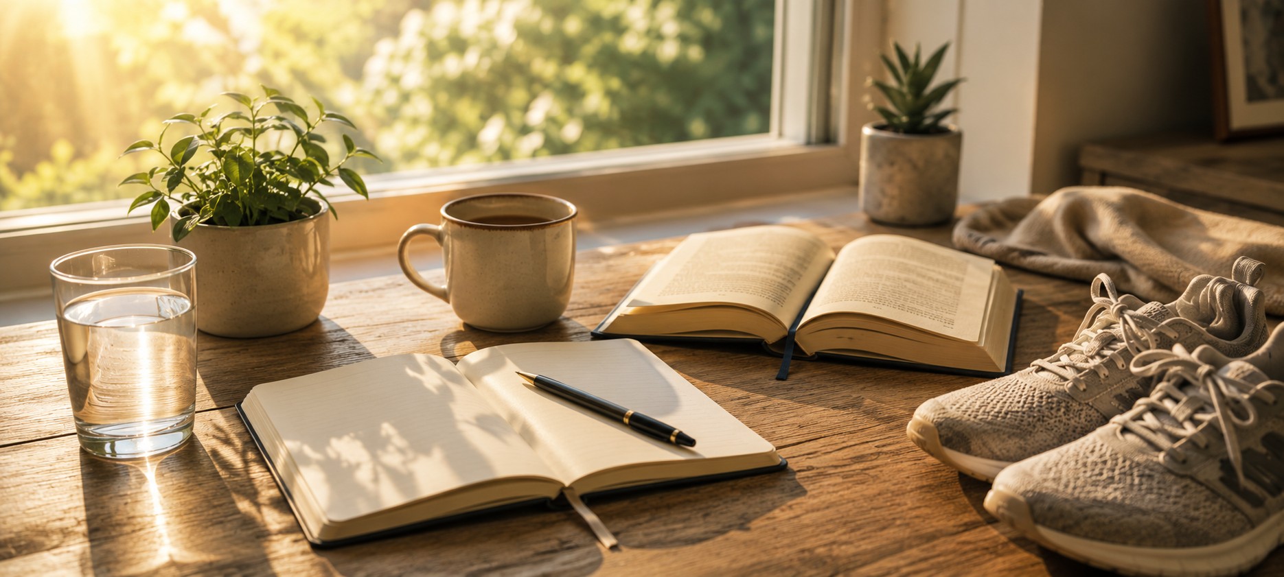 A journal, book, glass of water, coffee, and walking shoes on a sunlit desk, representing small daily habits that support personal growth and well-being.
