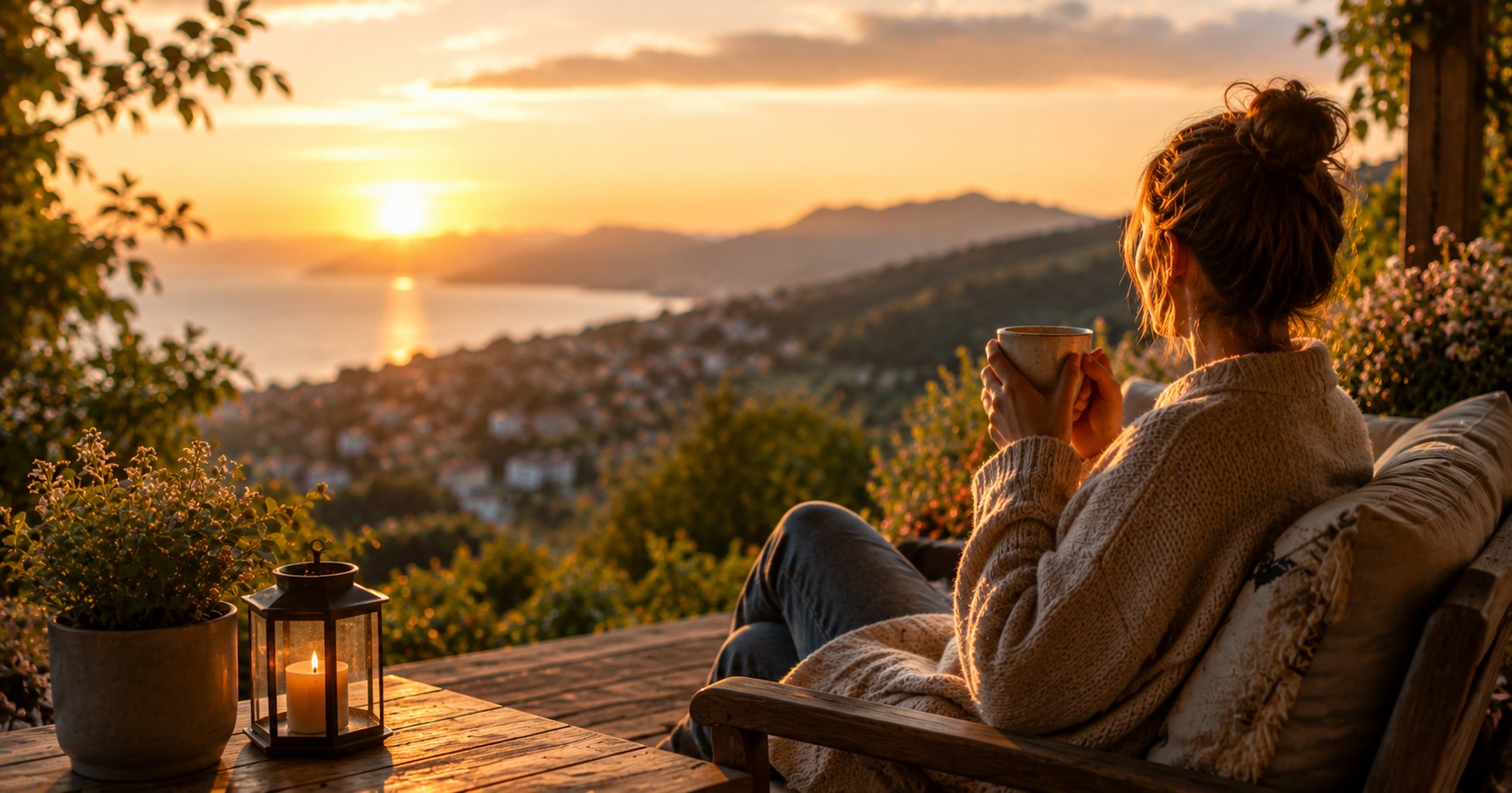 A person enjoying a peaceful everyday moment outdoors, surrounded by warm natural light and simple details that capture the feeling of creating a better day through small moments of joy and mindfulness.